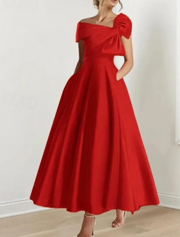 A-Line Cocktail Dresses Elegant Dress Formal Wedding Guest Ankle Length Short Sleeve One ShoulderDress Satin with Bow(s)