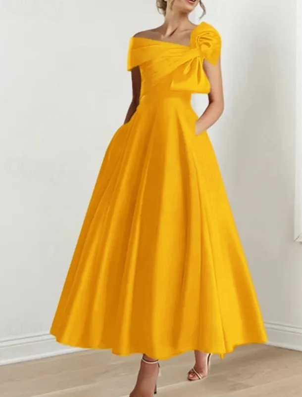 A-Line Cocktail Dresses Elegant Dress Formal Wedding Guest Ankle Length Short Sleeve One ShoulderDress Satin with Bow(s)