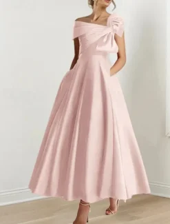 A-Line Cocktail Dresses Elegant Dress Formal Wedding Guest Ankle Length Short Sleeve One ShoulderDress Satin with Bow(s)