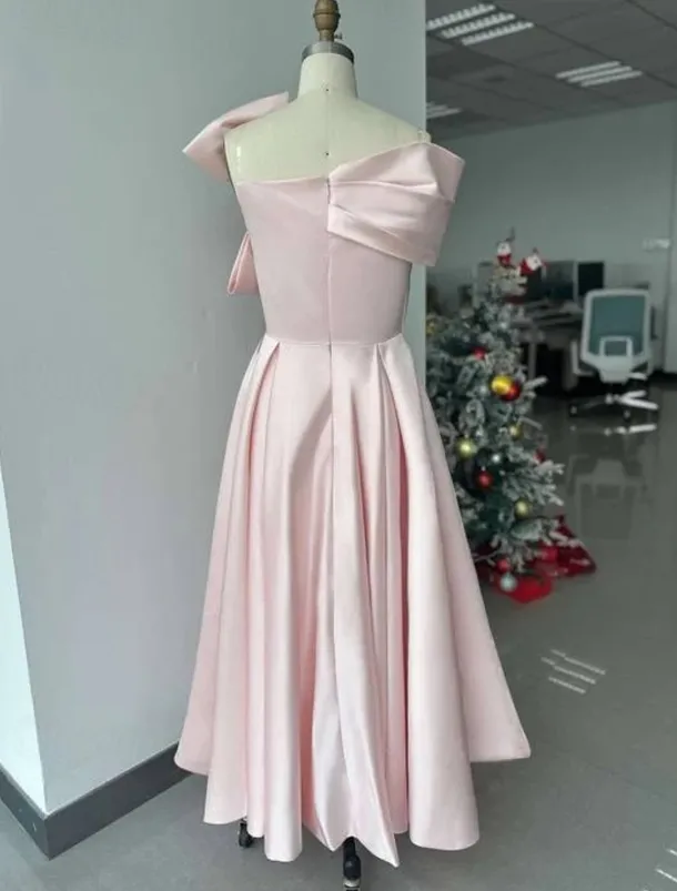 A-Line Cocktail Dresses Elegant Dress Formal Wedding Guest Ankle Length Short Sleeve One ShoulderDress Satin with Bow(s)