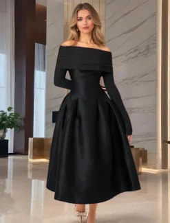 A-Line Cocktail Dresses Elegant Dress Formal Wedding Tea Length Midi Length Long Sleeve Off Shoulder Jersey with Satin Pleats 2025