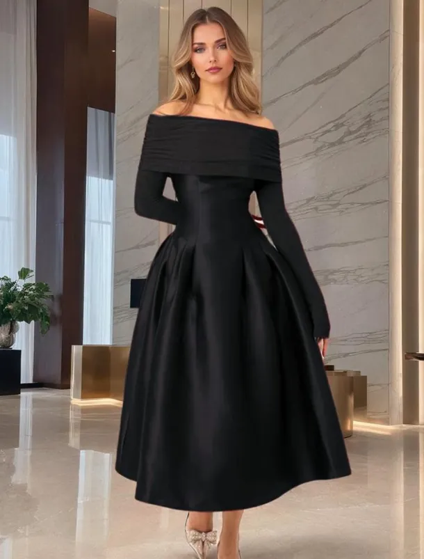 A-Line Cocktail Dresses Elegant Dress Formal Wedding Tea Length Midi Length Long Sleeve Off Shoulder Jersey with Satin Pleats 2025