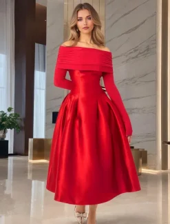 A-Line Cocktail Dresses Elegant Dress Formal Wedding Tea Length Midi Length Long Sleeve Off Shoulder Jersey with Satin Pleats 2025