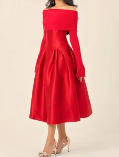 A-Line Cocktail Dresses Elegant Dress Formal Wedding Tea Length Midi Length Long Sleeve Off Shoulder Jersey with Satin Pleats 2025