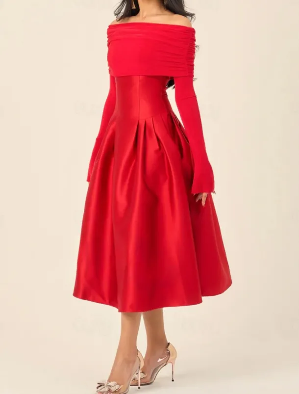 A-Line Cocktail Dresses Elegant Dress Formal Wedding Tea Length Midi Length Long Sleeve Off Shoulder Jersey with Satin Pleats 2025