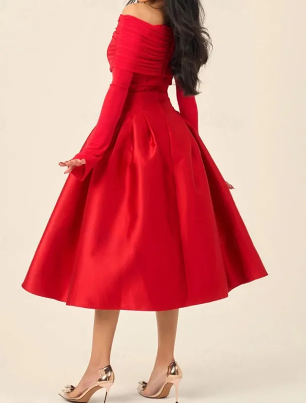 A-Line Cocktail Dresses Elegant Dress Formal Wedding Tea Length Midi Length Long Sleeve Off Shoulder Jersey with Satin Pleats 2025