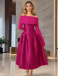 A-Line Cocktail Dresses Elegant Dress Formal Wedding Tea Length Midi Length Long Sleeve Off Shoulder Jersey with Satin Pleats 2025