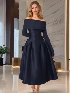 A-Line Cocktail Dresses Elegant Dress Formal Wedding Tea Length Midi Length Long Sleeve Off Shoulder Jersey with Satin Pleats 2025