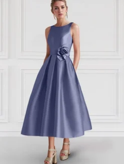 A-Line Cocktail Dresses Elegant Dress Formal Wedding Guest Ankle Length Sleeveless Boat Neck Pocket Satin with Floral Print Pocket Dresses