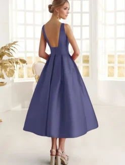 A-Line Cocktail Dresses Elegant Dress Formal Wedding Guest Ankle Length Sleeveless Boat Neck Pocket Satin with Floral Print Pocket Dresses