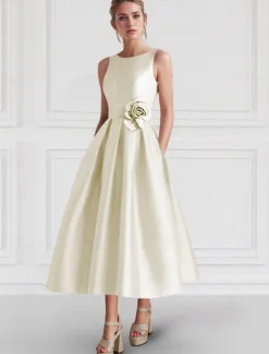 A-Line Cocktail Dresses Elegant Dress Formal Wedding Guest Ankle Length Sleeveless Boat Neck Pocket Satin with Floral Print Pocket Dresses