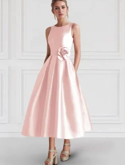 A-Line Cocktail Dresses Elegant Dress Formal Wedding Guest Ankle Length Sleeveless Boat Neck Pocket Satin with Floral Print Pocket Dresses
