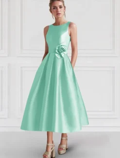 A-Line Cocktail Dresses Elegant Dress Formal Wedding Guest Ankle Length Sleeveless Boat Neck Pocket Satin with Floral Print Pocket Dresses