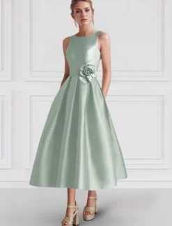 A-Line Cocktail Dresses Elegant Dress Formal Wedding Guest Ankle Length Sleeveless Boat Neck Pocket Satin with Floral Print Pocket Dresses