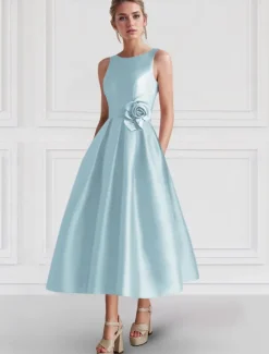 A-Line Cocktail Dresses Elegant Dress Formal Wedding Guest Ankle Length Sleeveless Boat Neck Pocket Satin with Floral Print Pocket Dresses