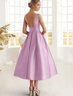 A-Line Cocktail Dresses Elegant Dress Formal Wedding Guest Ankle Length Sleeveless Boat Neck Pocket Satin with Floral Print Pocket Dresses