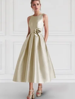 A-Line Cocktail Dresses Elegant Dress Formal Wedding Guest Ankle Length Sleeveless Boat Neck Pocket Satin with Floral Print Pocket Dresses