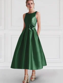 A-Line Cocktail Dresses Elegant Dress Formal Wedding Guest Ankle Length Sleeveless Boat Neck Pocket Satin with Floral Print Pocket Dresses