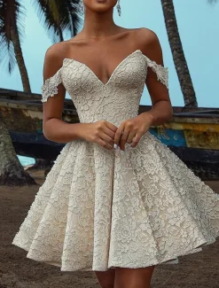A-Line Cocktail Dresses Elegant Dress Wedding Cocktail Party Short / Mini Short Sleeve V Neck Fall Wedding Reception Lace with Embroidery