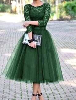 A-Line Cocktail Dresses Elegant Dress Ankle Length 3/4 Length Sleeve Jewel Neck Fall Wedding Guest Tulle with Pleats Lace Insert Dresses