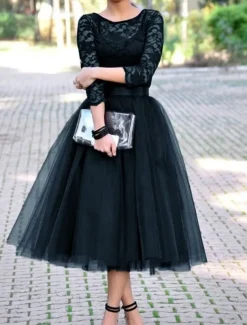 A-Line Cocktail Dresses Elegant Dress Ankle Length 3/4 Length Sleeve Jewel Neck Fall Wedding Guest Tulle with Pleats Lace Insert Dresses
