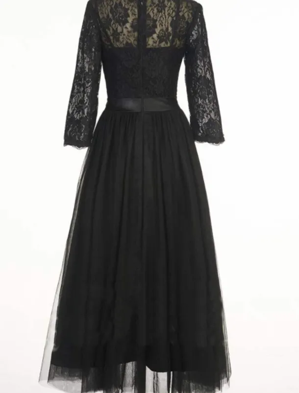 A-Line Cocktail Dresses Elegant Dress Ankle Length 3/4 Length Sleeve Jewel Neck Fall Wedding Guest Tulle with Pleats Lace Insert Dresses