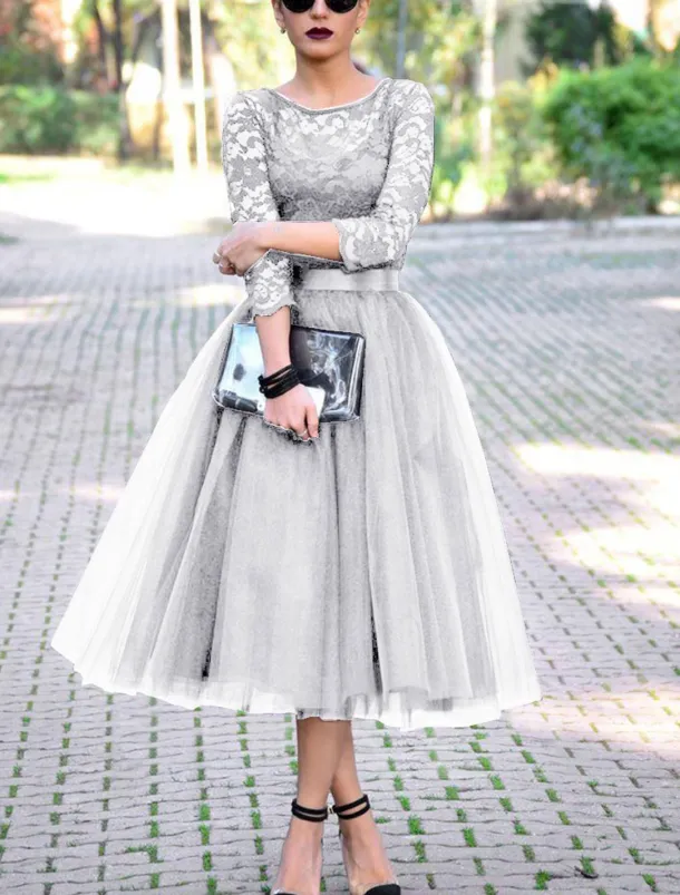 A-Line Cocktail Dresses Elegant Dress Ankle Length 3/4 Length Sleeve Jewel Neck Fall Wedding Guest Tulle with Pleats Lace Insert Dresses