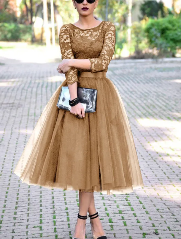 A-Line Cocktail Dresses Elegant Dress Ankle Length 3/4 Length Sleeve Jewel Neck Fall Wedding Guest Tulle with Pleats Lace Insert Dresses