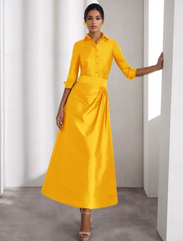 A-Line Cocktail Dresses Elegant Formal Wedding Guest Ankle Length Long Sleeve Shirt Collar Taffeta with Slit