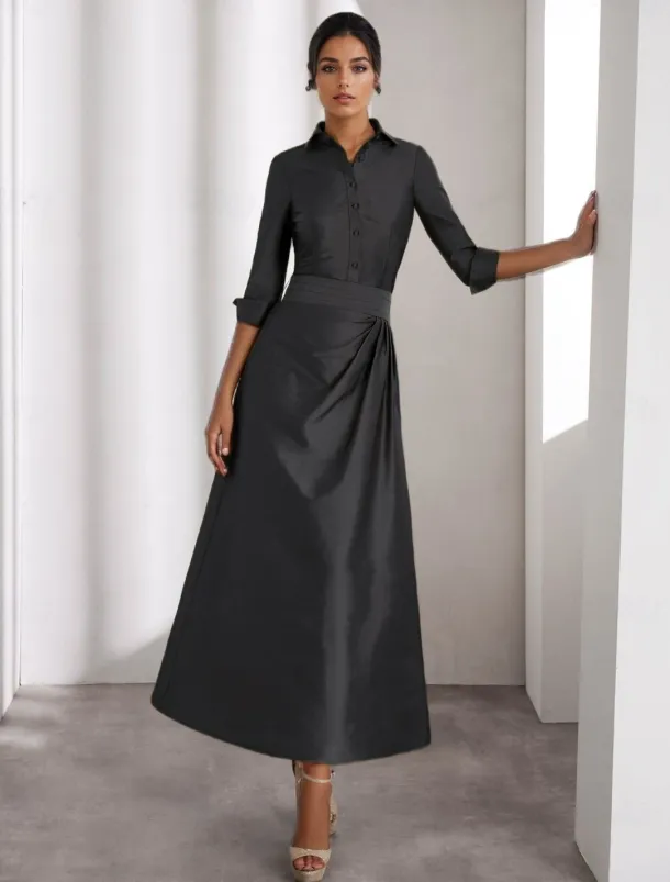 A-Line Cocktail Dresses Elegant Formal Wedding Guest Ankle Length Long Sleeve Shirt Collar Taffeta with Slit