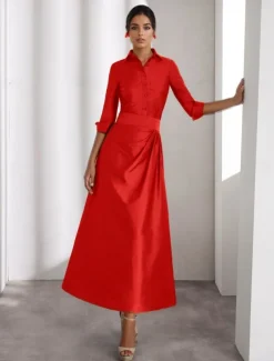 A-Line Cocktail Dresses Elegant Formal Wedding Guest Ankle Length Long Sleeve Shirt Collar Taffeta with Slit