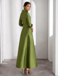 A-Line Cocktail Dresses Elegant Formal Wedding Guest Ankle Length Long Sleeve Shirt Collar Taffeta with Slit