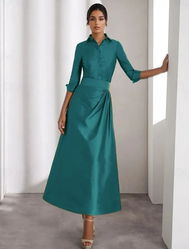 A-Line Cocktail Dresses Elegant Formal Wedding Guest Ankle Length Long Sleeve Shirt Collar Taffeta with Slit