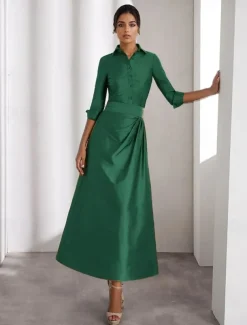 A-Line Cocktail Dresses Elegant Formal Wedding Guest Ankle Length Long Sleeve Shirt Collar Taffeta with Slit