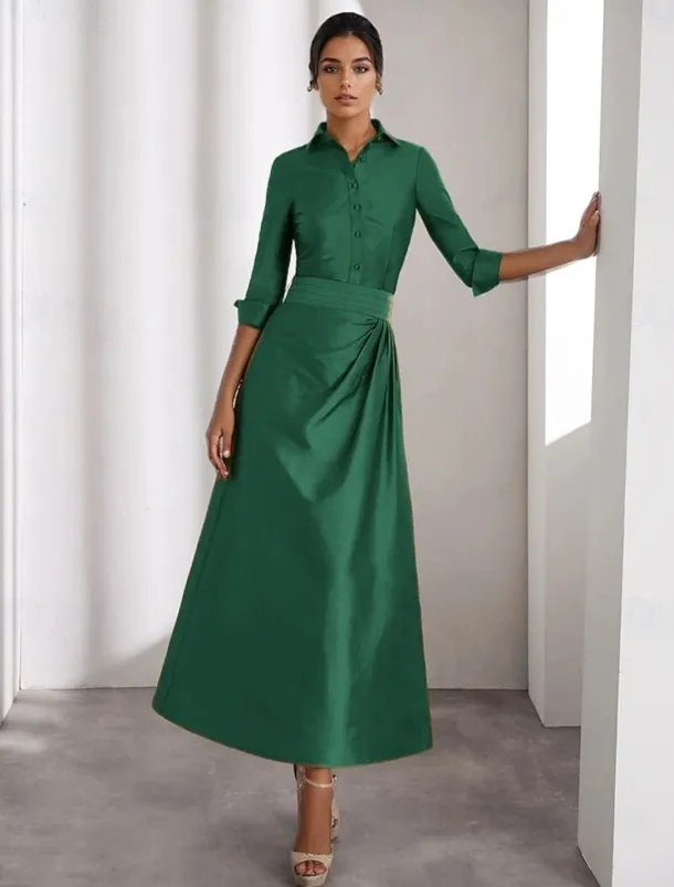 A-Line Cocktail Dresses Elegant Formal Wedding Guest Ankle Length Long Sleeve Shirt Collar Taffeta with Slit