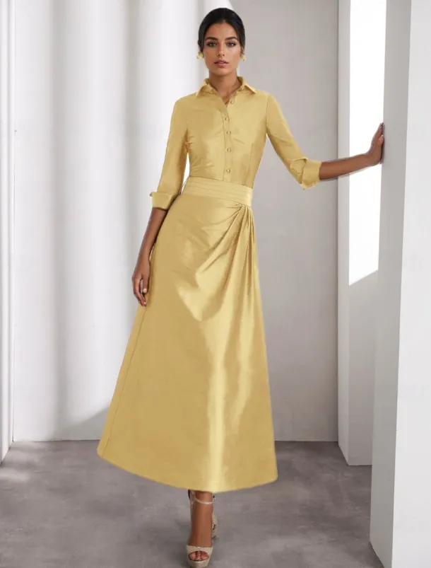 A-Line Cocktail Dresses Elegant Formal Wedding Guest Ankle Length Long Sleeve Shirt Collar Taffeta with Slit