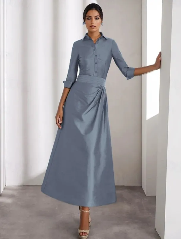 A-Line Cocktail Dresses Elegant Formal Wedding Guest Ankle Length Long Sleeve Shirt Collar Taffeta with Slit