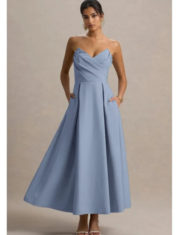 A-Line Cocktail Dresses Elegant Dress Formal Wedding Tea Length Midi Length Sleeveless Sweetheart Stretch Crepe with Pleats Pocket