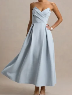 A-Line Cocktail Dresses Elegant Dress Formal Wedding Tea Length Midi Length Sleeveless Sweetheart Stretch Crepe with Pleats Pocket