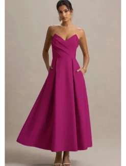 A-Line Cocktail Dresses Elegant Dress Formal Wedding Tea Length Midi Length Sleeveless Sweetheart Stretch Crepe with Pleats Pocket