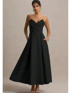 A-Line Cocktail Dresses Elegant Dress Formal Wedding Tea Length Midi Length Sleeveless Sweetheart Stretch Crepe with Pleats Pocket
