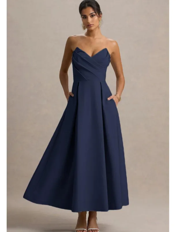 A-Line Cocktail Dresses Elegant Dress Formal Wedding Tea Length Midi Length Sleeveless Sweetheart Stretch Crepe with Pleats Pocket