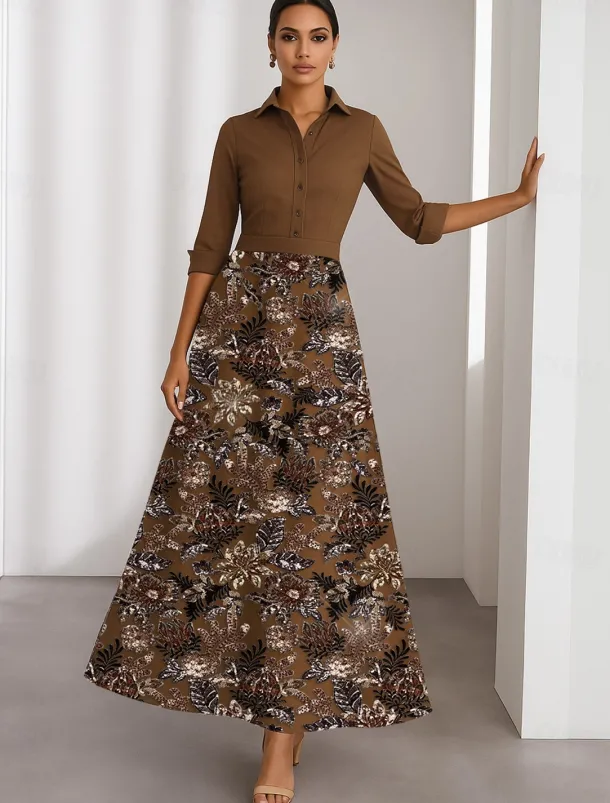 A-Line Cocktail Dresses Elegant Dress Formal Wedding Tea Length 3/4 Length Sleeve Shirt Collar Satin with Flroal Beading Lace