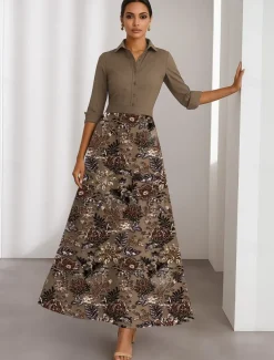 A-Line Cocktail Dresses Elegant Dress Formal Wedding Tea Length 3/4 Length Sleeve Shirt Collar Satin with Flroal Beading Lace