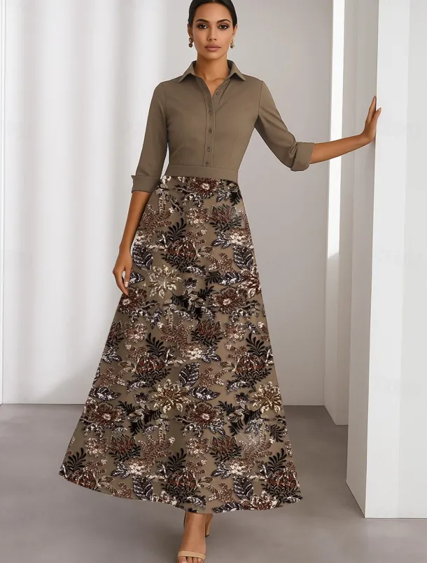 A-Line Cocktail Dresses Elegant Dress Formal Wedding Tea Length 3/4 Length Sleeve Shirt Collar Satin with Flroal Beading Lace