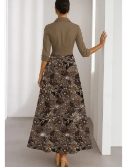 A-Line Cocktail Dresses Elegant Dress Formal Wedding Tea Length 3/4 Length Sleeve Shirt Collar Satin with Flroal Beading Lace