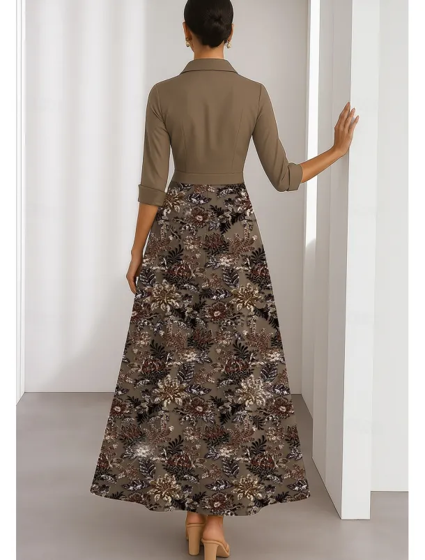 A-Line Cocktail Dresses Elegant Dress Formal Wedding Tea Length 3/4 Length Sleeve Shirt Collar Satin with Flroal Beading Lace