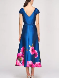 A-Line Cocktail Dresses High Split Dress Formal Wedding Guest Ankle Length Short Sleeve Jewel Neck Pocket Satin with Floral Print Pocket Derby Dresses Wedding Guest Dress