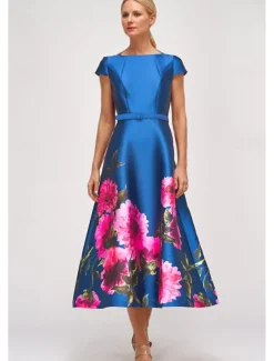 A-Line Cocktail Dresses High Split Dress Formal Wedding Guest Ankle Length Short Sleeve Jewel Neck Pocket Satin with Floral Print Pocket Derby Dresses Wedding Guest Dress