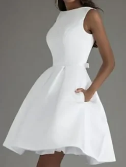 A-Line Cocktail Dresses Minimalist Dress Valentine's Day Wedding Guest Knee Length Sleeveless Boat Neck Satin V Back with Sleek Bow(s) Pure Color